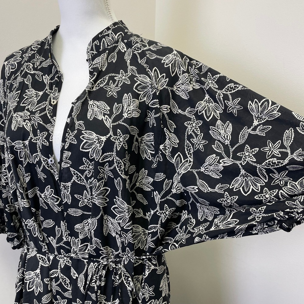 NEW HM Black White Floral Lace Print Button Front Mini Dress L Puff Sleeve - Picture 2 of 15